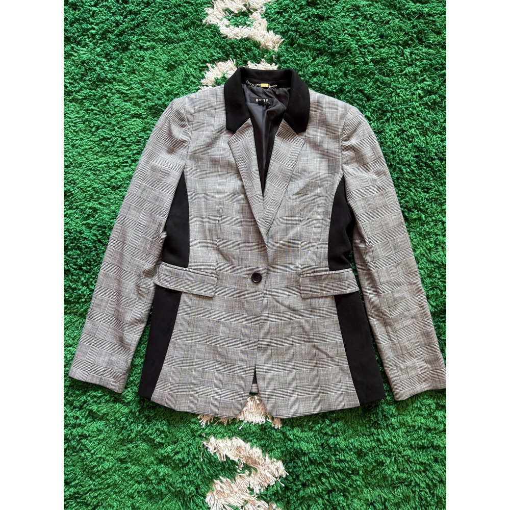 DKNY‎ Womens Grey Glen Plaid Single Button Blazer Black Side Panel Size 4